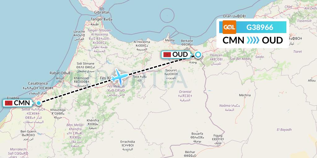 G38966 GOL Transportes Aeros Flight Map: Casablanca to Oujda