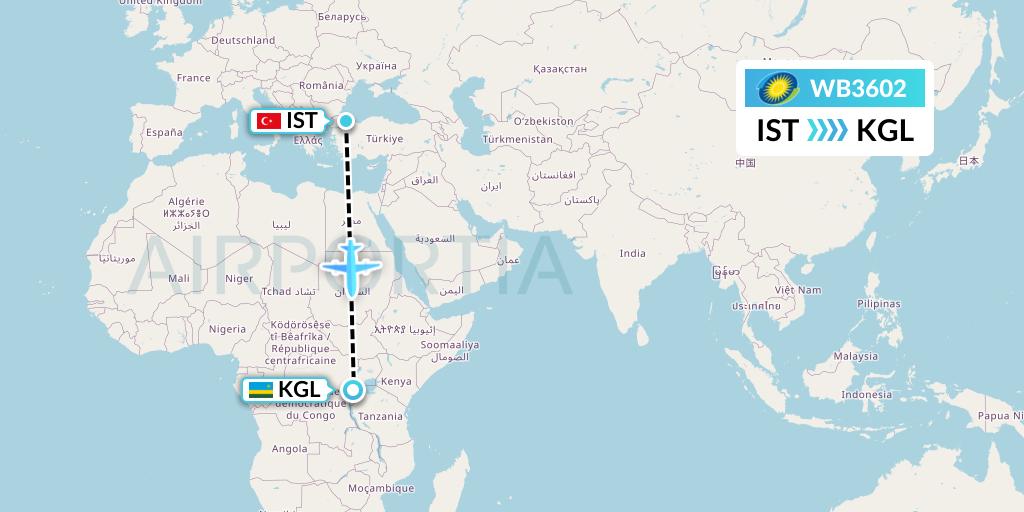 WB3602 RwandAir Flight Map: Istanbul to Kigali