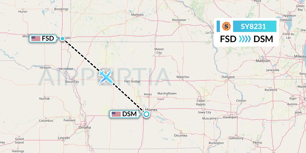SY8231 Sun Country Airlines Flight Map: Sioux Falls to Des Moines