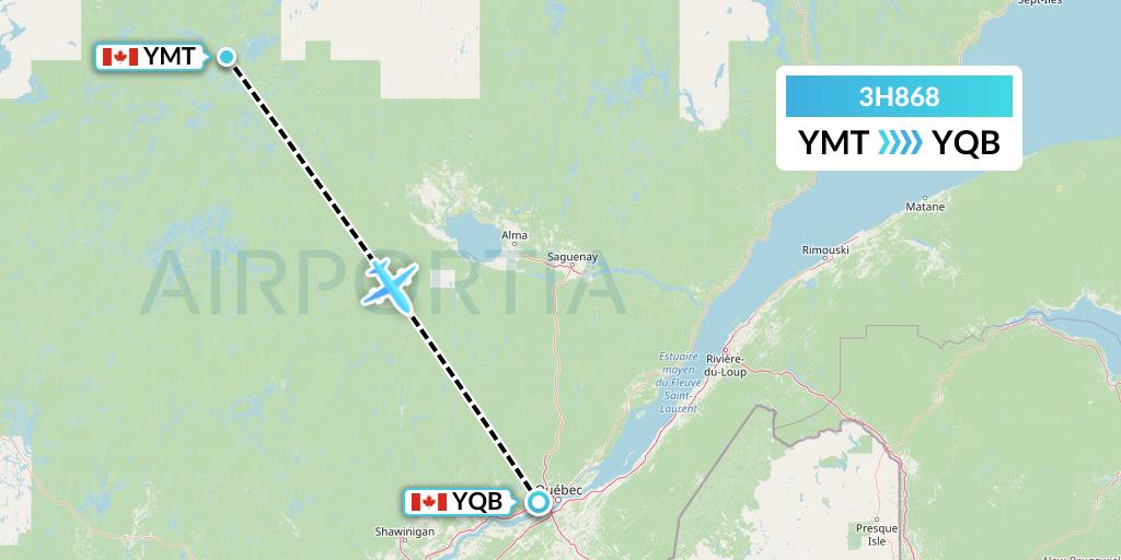 3H868 Air Inuit Flight Map: Chibougamau to Quebec