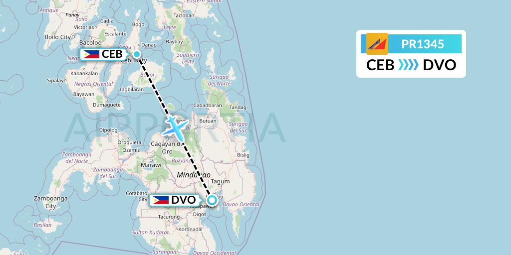 PR1345 Philippine Airlines Flight Map: Cebu to Davao City
