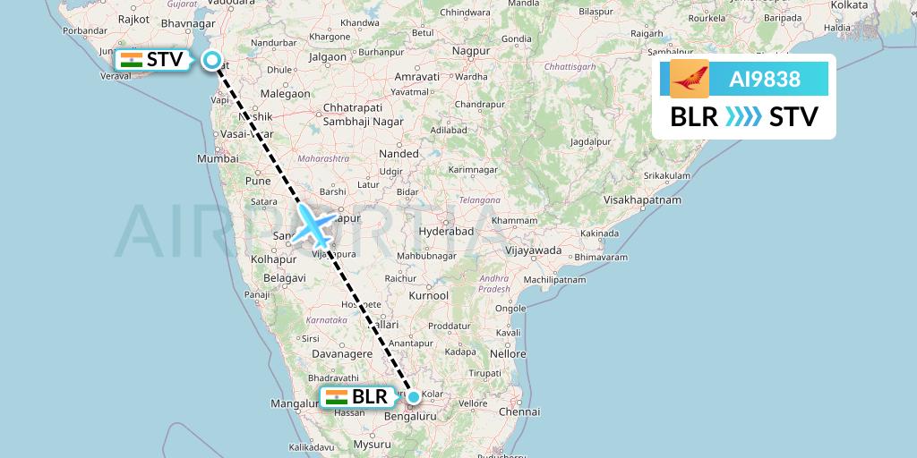 AI9838 Air India Flight Map: Bangalore to Surat