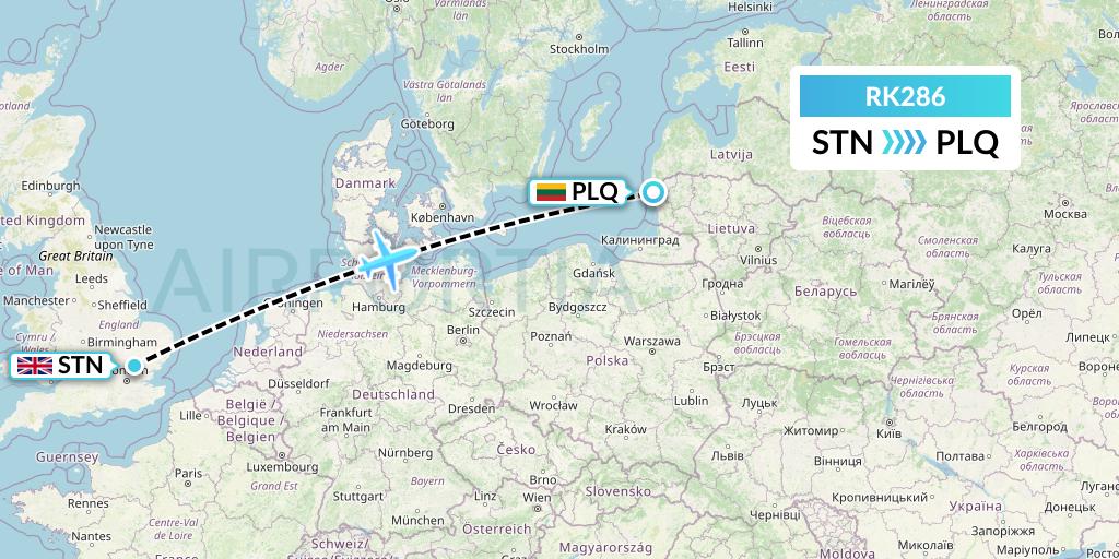 RK286 Ryanair UK Flight Map: London to Palanga
