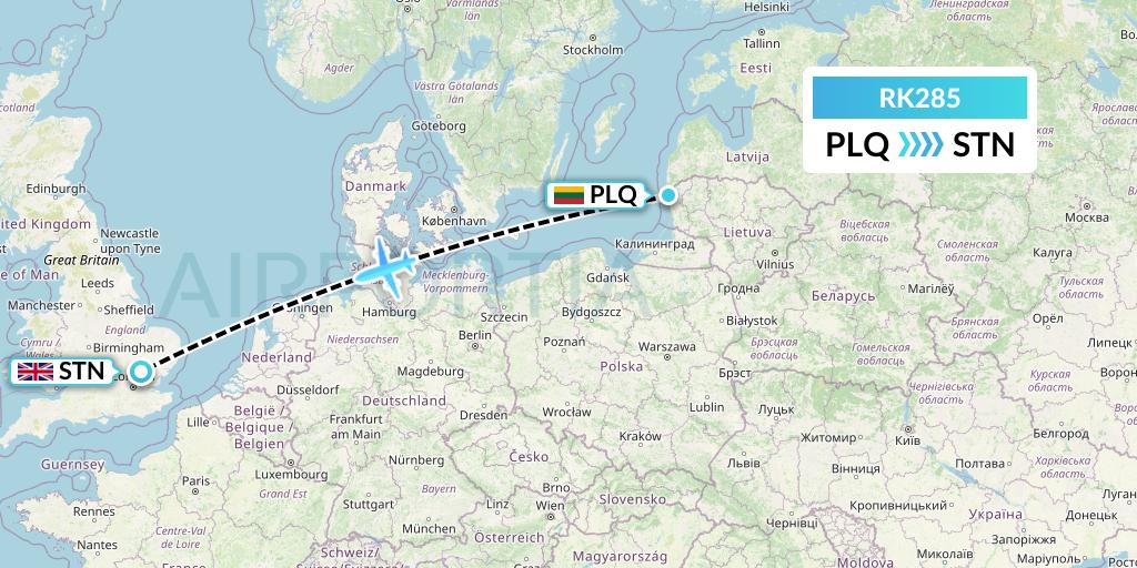 RK285 Ryanair UK Flight Map: Palanga to London