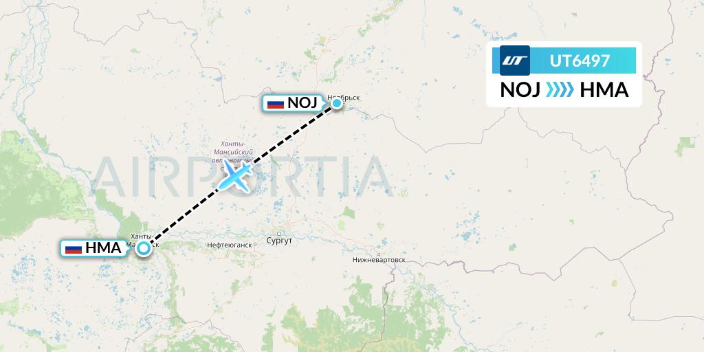 UT6497 UTair Flight Map: Noyabrsk to Khanty-Mansiysk