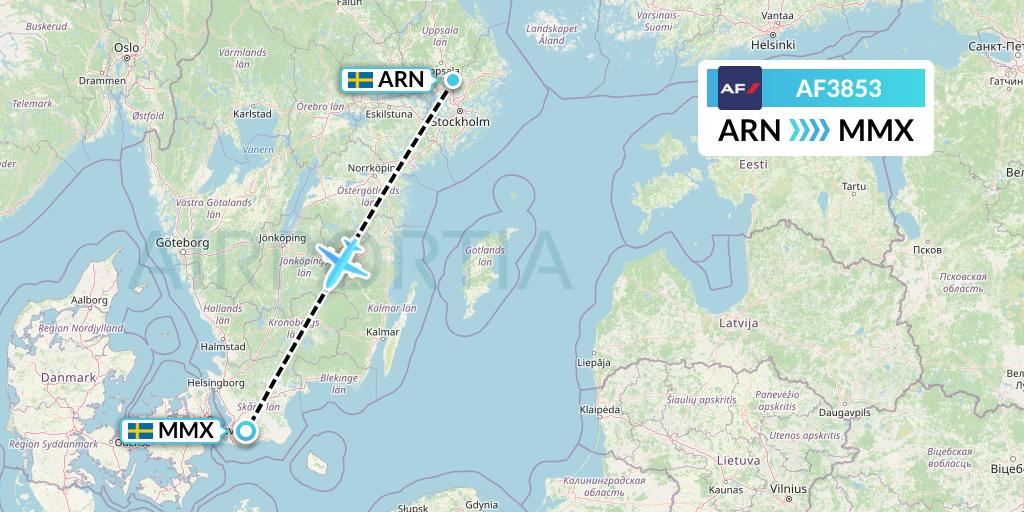 AF3853 Air France Flight Map: Stockholm to Malmo