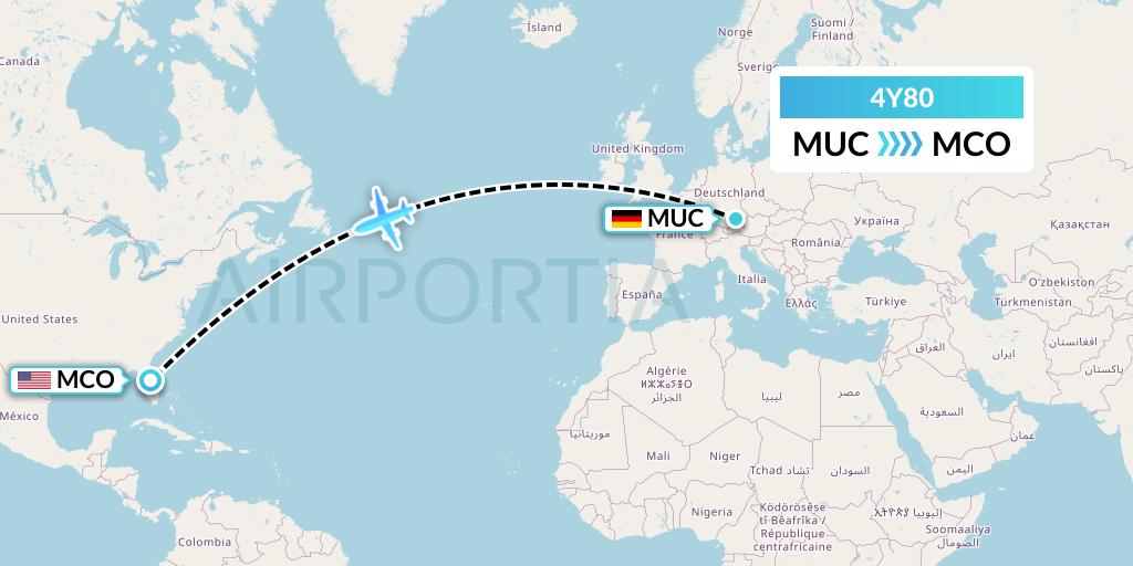 4Y80 Eurowings Discover Flight Map: Munich to Orlando