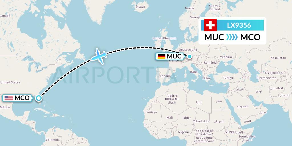 LX9356 Swiss Flight Map: Munich to Orlando
