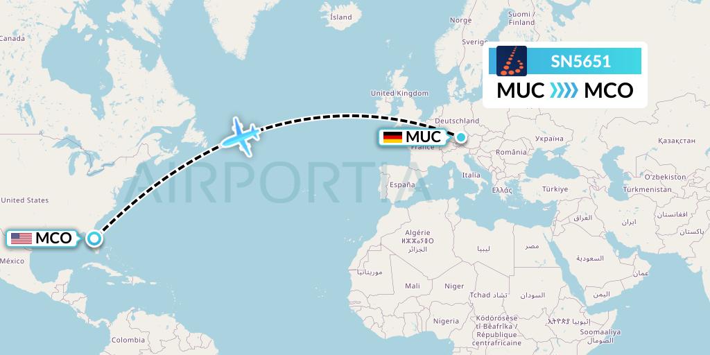 SN5651 Brussels Airlines Flight Map: Munich to Orlando