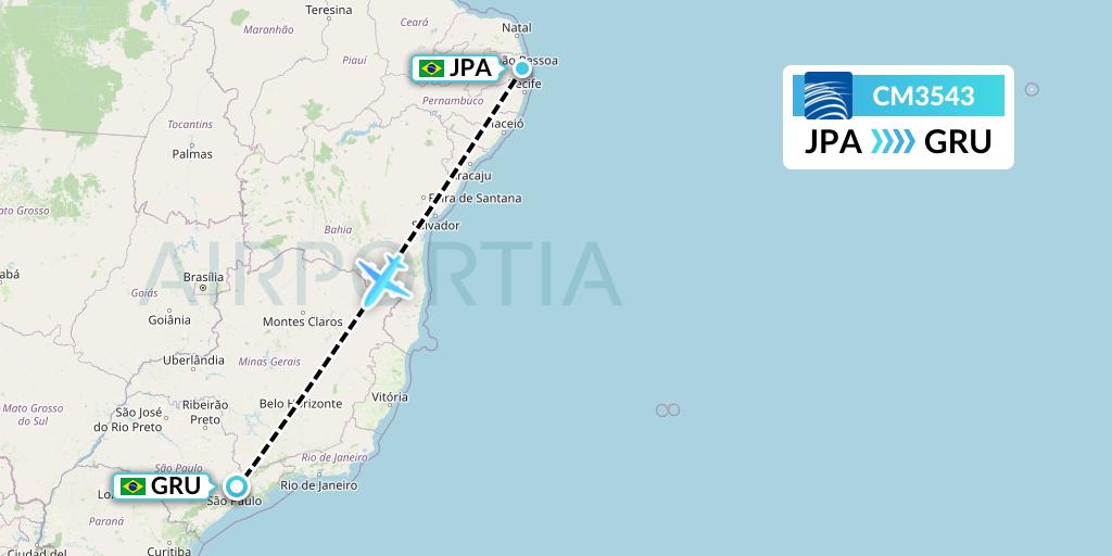 CM3543 Copa Airlines Flight Map: Joao Pessoa to Sao Paulo