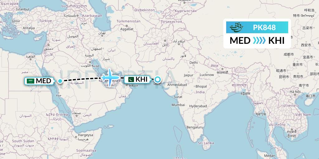 PK848 Pakistan International Airlines Flight Map: Medina to Karachi