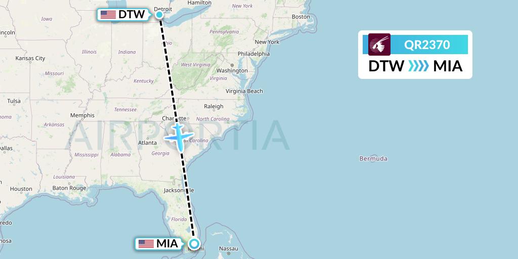 QR2370 Qatar Airways Flight Map: Detroit to Miami