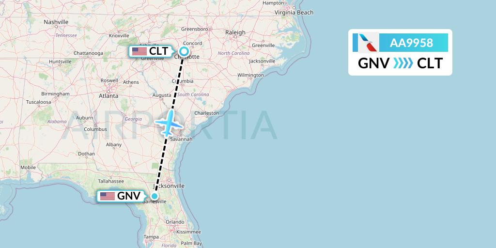 AA9958 American Airlines Flight Map: Gainesville to Charlotte