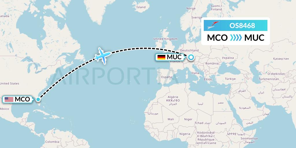 OS8468 Austrian Airlines Flight Map: Orlando to Munich