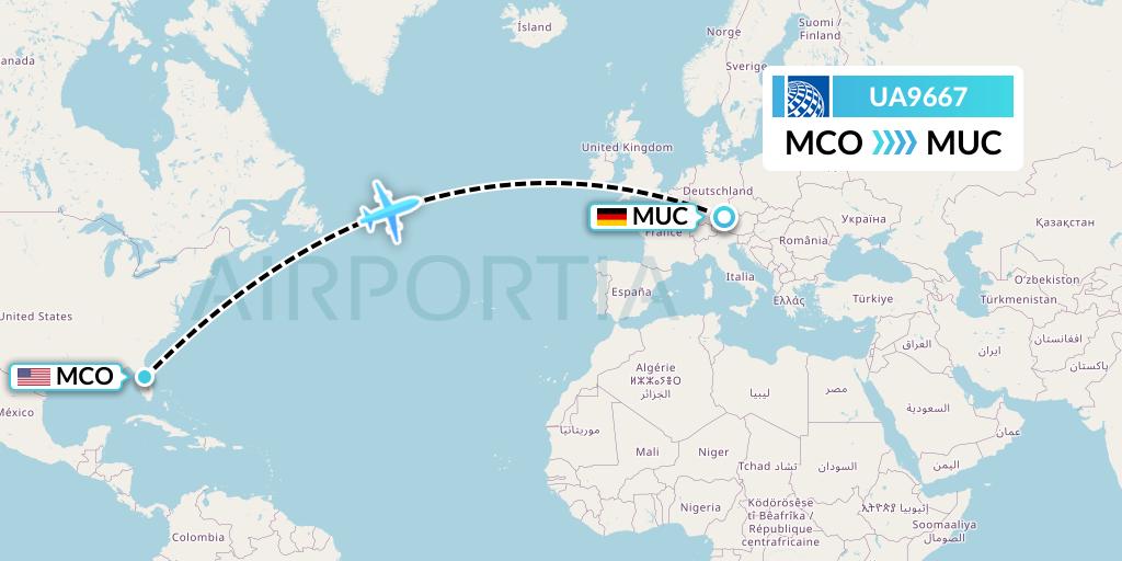 UA9667 United Airlines Flight Map: Orlando to Munich