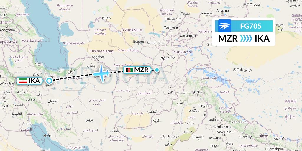 FG705 Ariana Afghan Airlines Flight Map: Mazar-I-Sharif to Tehran