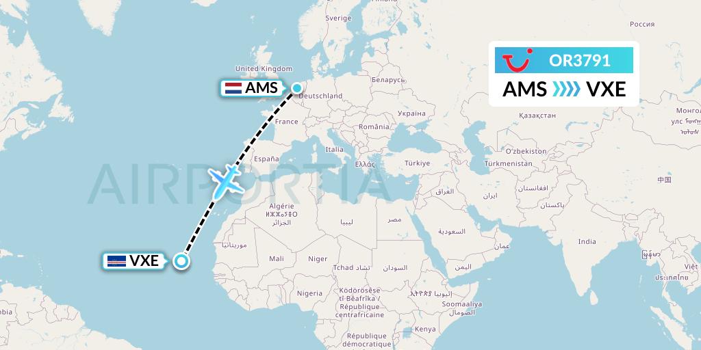 OR3791 TUI fly Netherlands Flight Map: Amsterdam to Sao Vicente