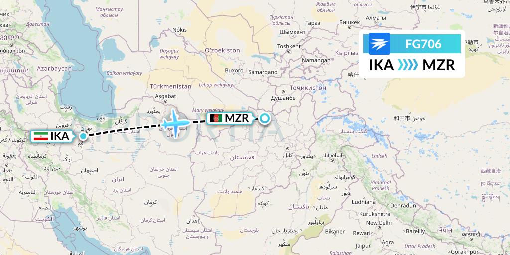 FG706 Ariana Afghan Airlines Flight Map: Tehran to Mazar-I-Sharif