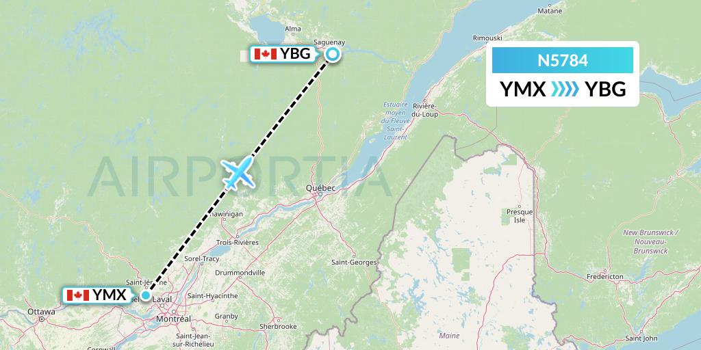 N5784 Nolinor Aviation Flight Map: Montreal to Saguenay
