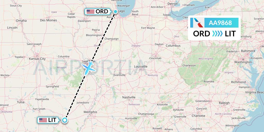 AA9868 American Airlines Flight Map: Chicago to Little Rock