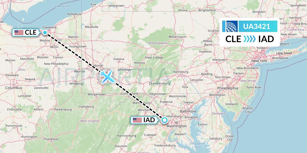 UA3421 United Airlines Flight Map: Cleveland to Washington