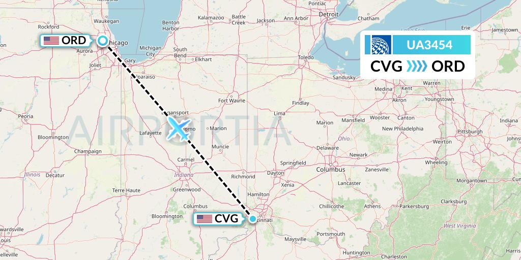 UA3454 United Airlines Flight Map: Cincinnati to Chicago