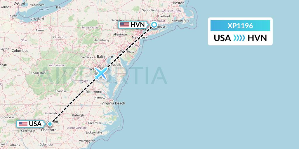 XP1196 Avelo Airlines Flight Map: Concord to New Haven