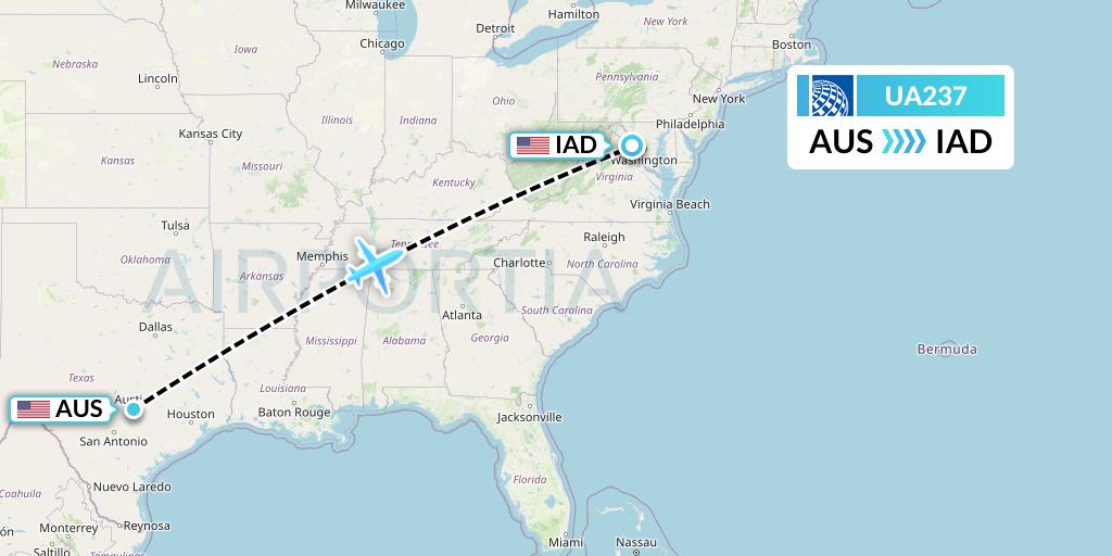 UA237 United Airlines Flight Map: Austin to Washington