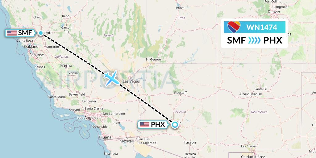 WN1474 Southwest Airlines Flight Map: Sacramento to Phoenix