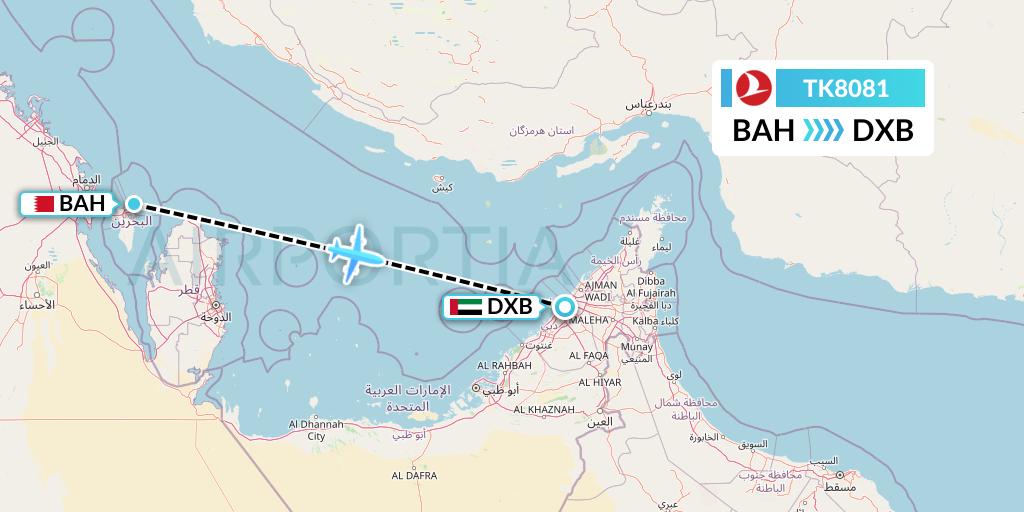TK8081 Turkish Airlines Flight Map: Bahrain to Dubai