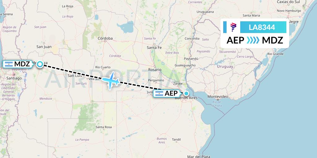 LA8344 LAN Airlines Flight Map: Buenos Aires to Mendoza
