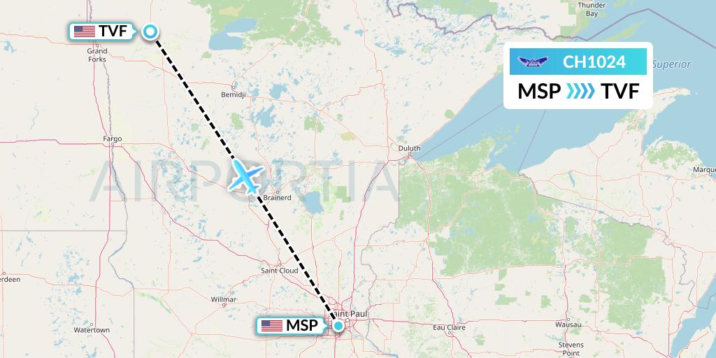 CH1024 Bemidji Airlines Flight Map: Minneapolis to Thief River Falls