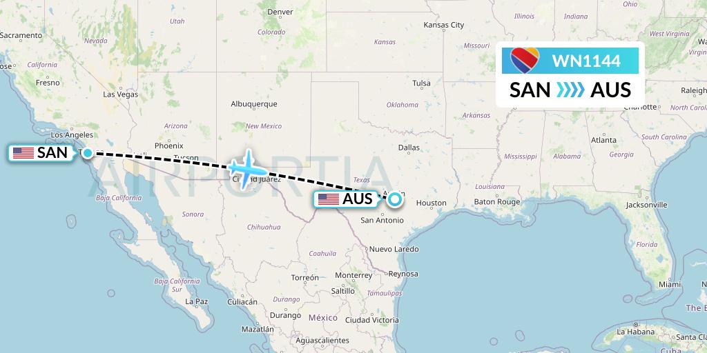 WN1144 Southwest Airlines Flight Map: San Diego to Austin