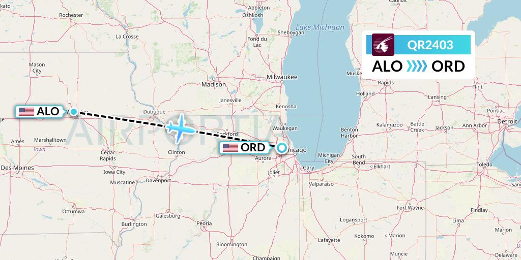 QR2403 Qatar Airways Flight Map: Waterloo to Chicago