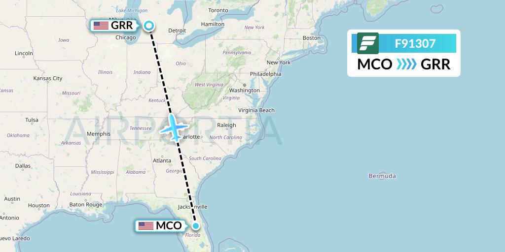 F91307 Frontier Airlines Flight Map: Orlando to Grand Rapids