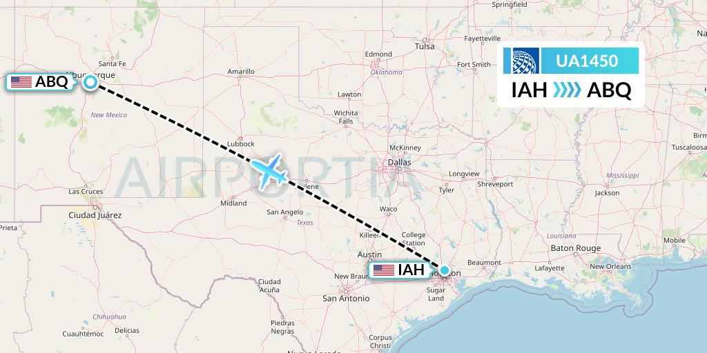 UA1450 United Airlines Flight Map: Houston to Albuquerque
