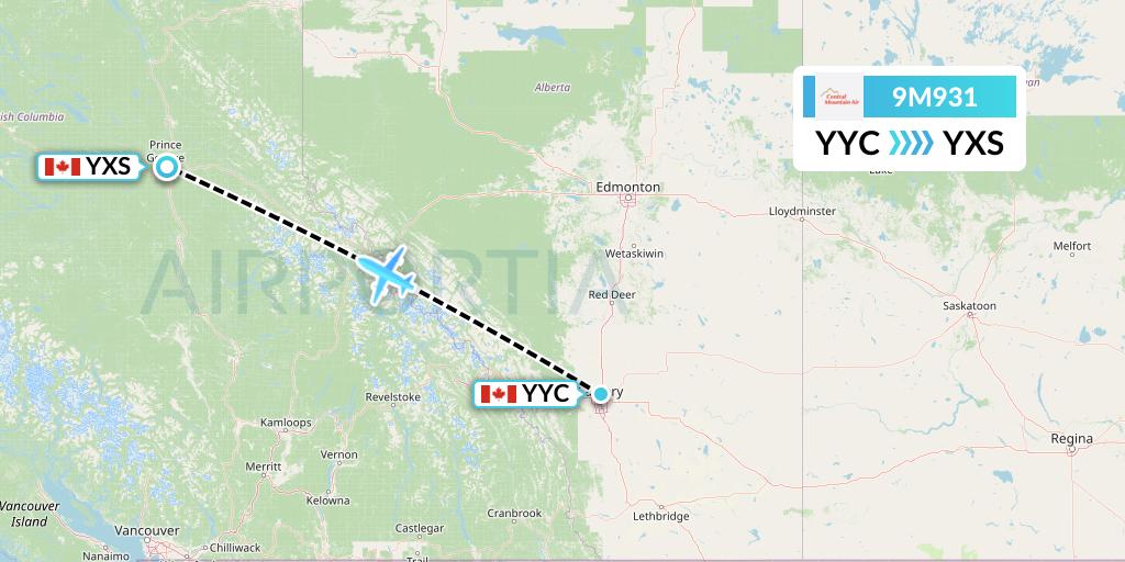 9M931 Central Mountain Air Flight Map: Calgary to Prince George