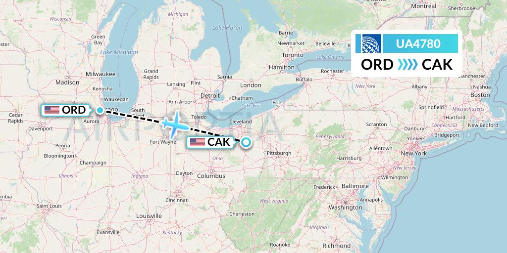 UA4780 United Airlines Flight Map: Chicago to Akron