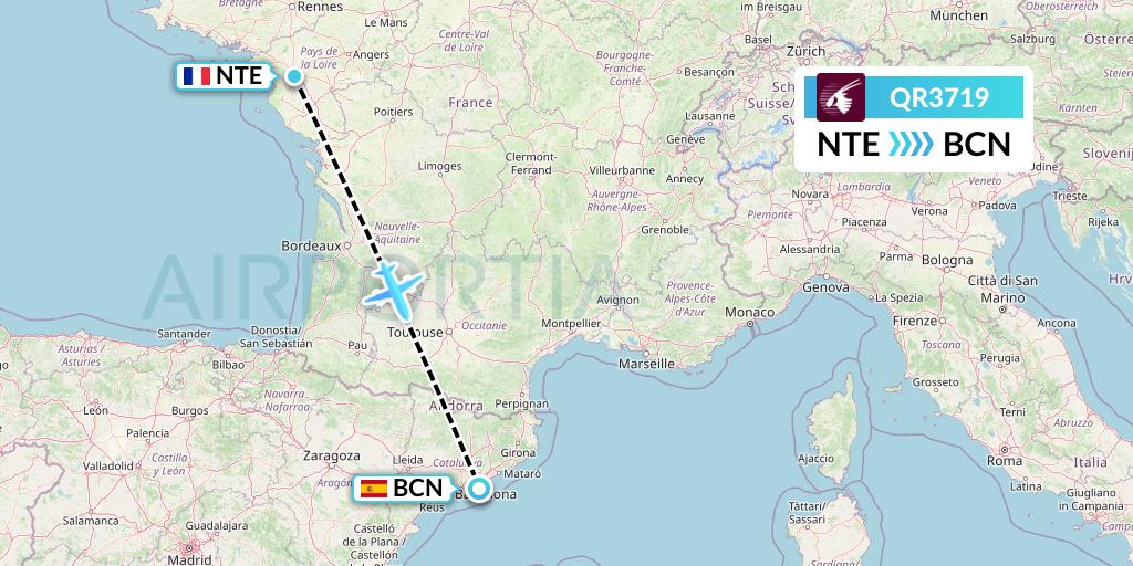 QR3719 Qatar Airways Flight Map: Nantes to Barcelona