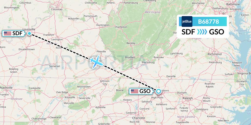 B68778 JetBlue Airways Flight Map: Louisville to Greensboro