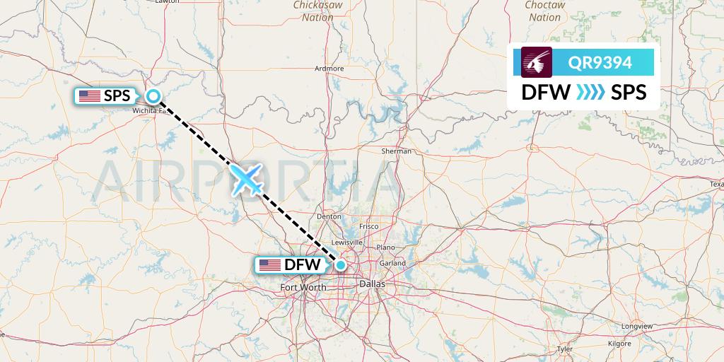 QR9394 Qatar Airways Flight Map: Dallas to Wichita Falls