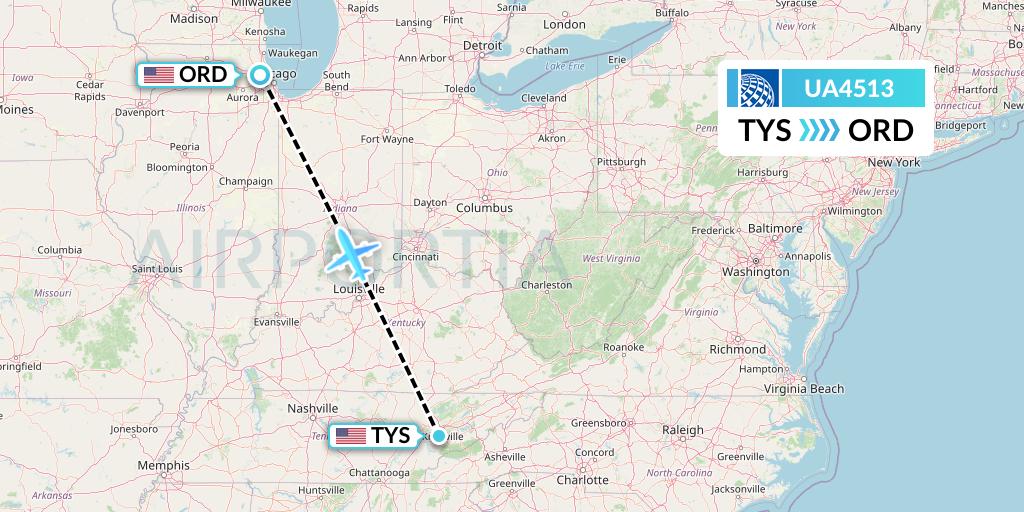 UA4513 United Airlines Flight Map: Knoxville to Chicago