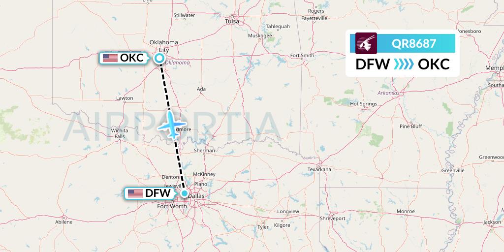 QR8687 Qatar Airways Flight Map: Dallas to Oklahoma City