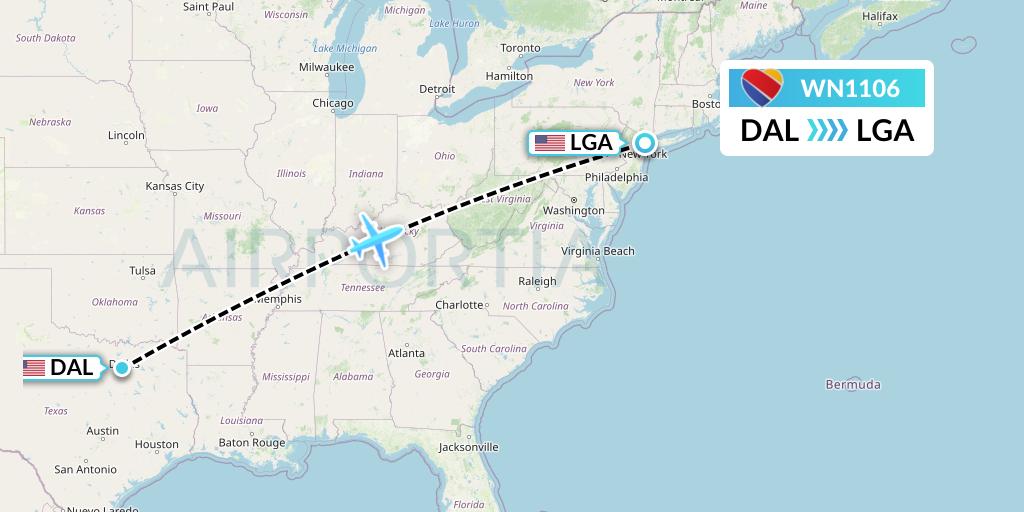 WN1106 Southwest Airlines Flight Map: Dallas to New York