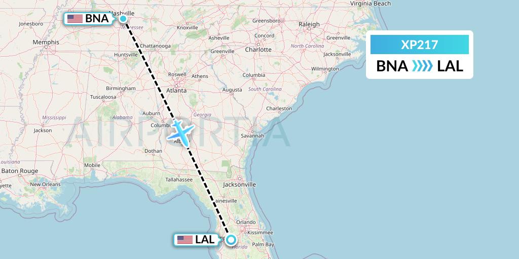 XP217 Avelo Airlines Flight Map: Nashville to Lakeland
