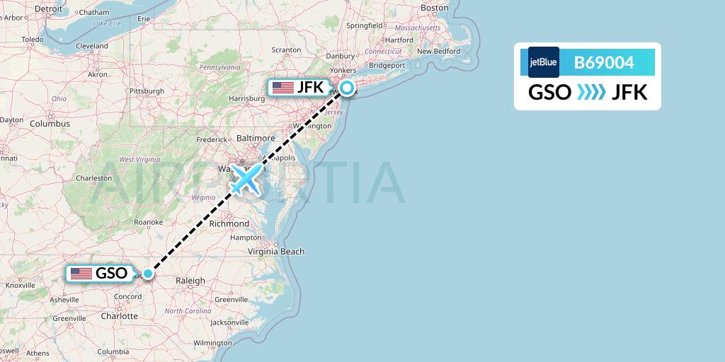 B69004 JetBlue Airways Flight Map: Greensboro to New York