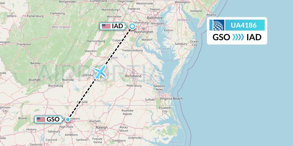 UA4186 United Airlines Flight Map: Greensboro to Washington