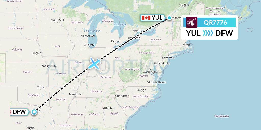QR7776 Qatar Airways Flight Map: Montreal to Dallas