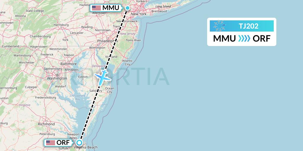 TJ202 Tradewind Aviation Flight Map: Morristown to Norfolk
