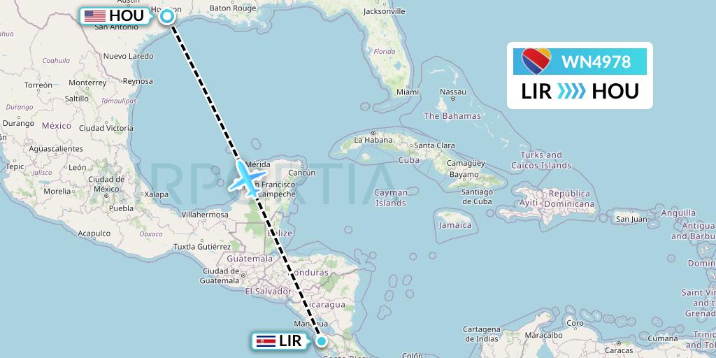 WN4978 Southwest Airlines Flight Map: Liberia to Houston